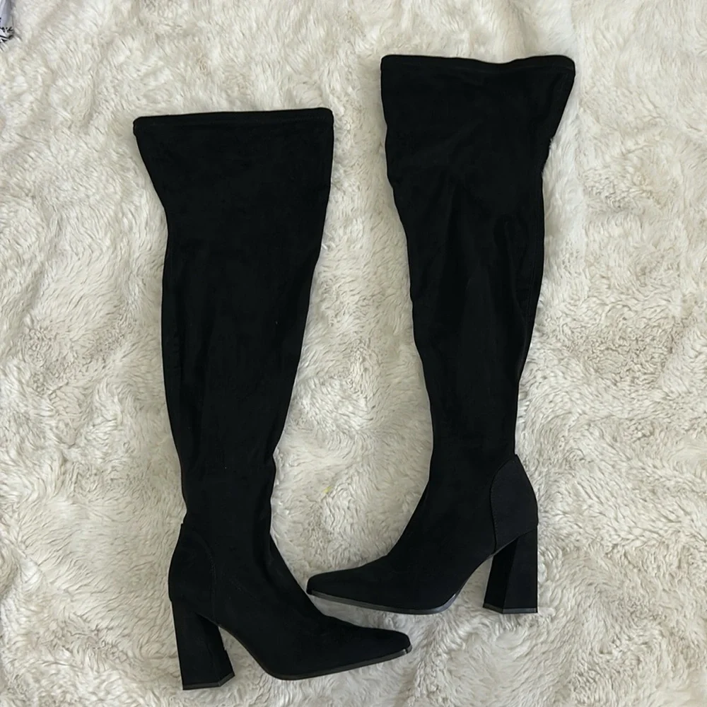 Asos Keely Black Faux Suede Block Heel Over The Knee Boots